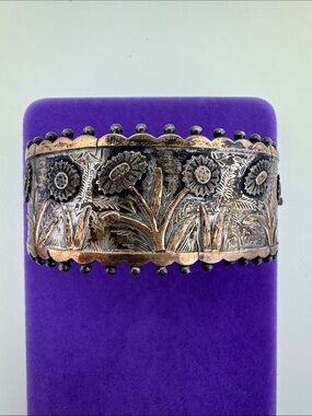 💛 Antique Sterling & 9k Engraved Floral Cuff Bracelet | Old Pre Loved